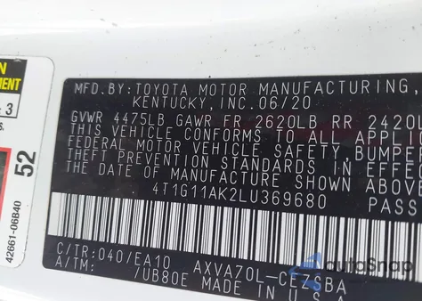 2020 Toyota Camry Se from USA, damaged, VIN 4T1G11AK2LU369680